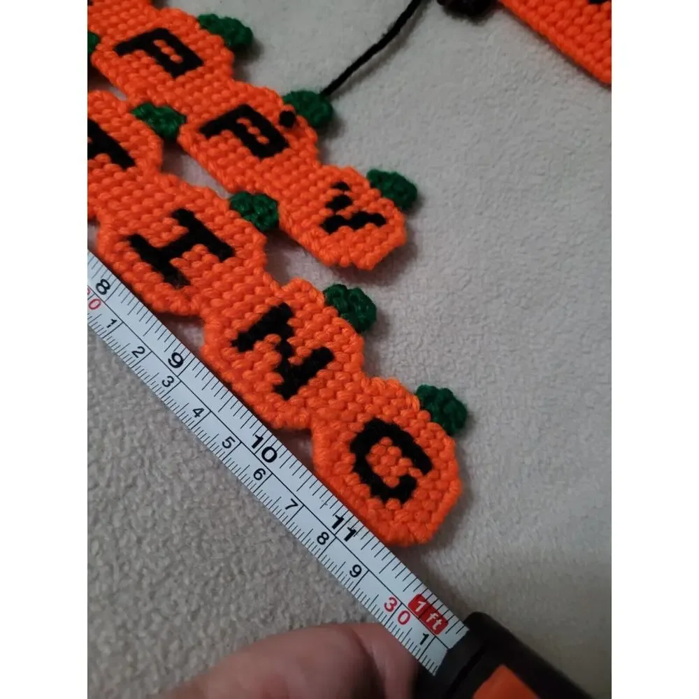 Set 2 Vintage Halloween Needlepoint on Plastic Decoration Pumpkin Ghost Graveyar